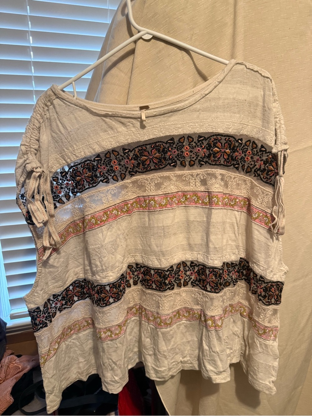 Free People White Boho Embroidered Short-Sleeve Tunic